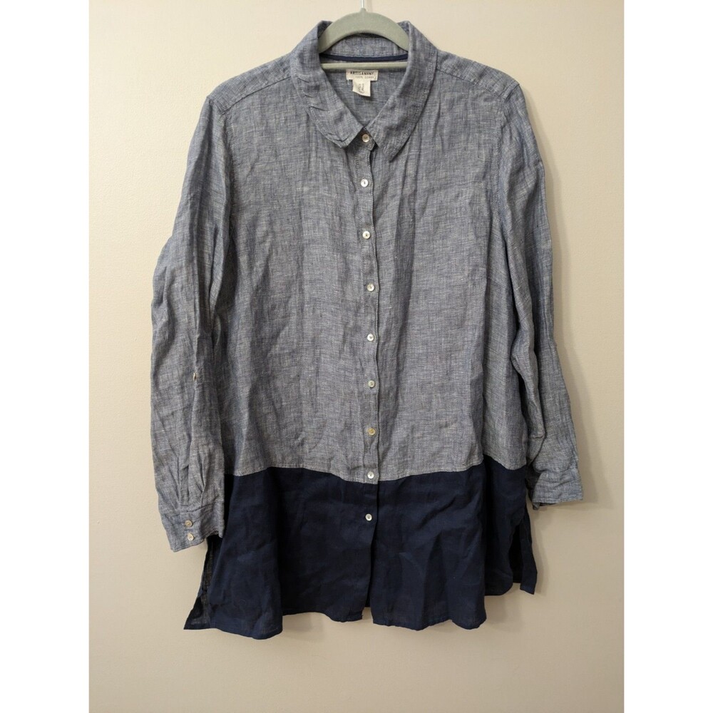 Artisan NY 100% Linen Women’s Button-Up Tunic Top Blue Two Toned Lagenlook 1X